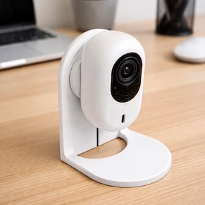 Peut inclure: Une caméra de sécurité blanche avec un objectif noir est montée sur un support blanc. La caméra est sur un bureau en bois, avec un ordinateur portable, une petite plante et des fournitures de bureau en arrière-plan. La caméra est pour la sécurité domestique.