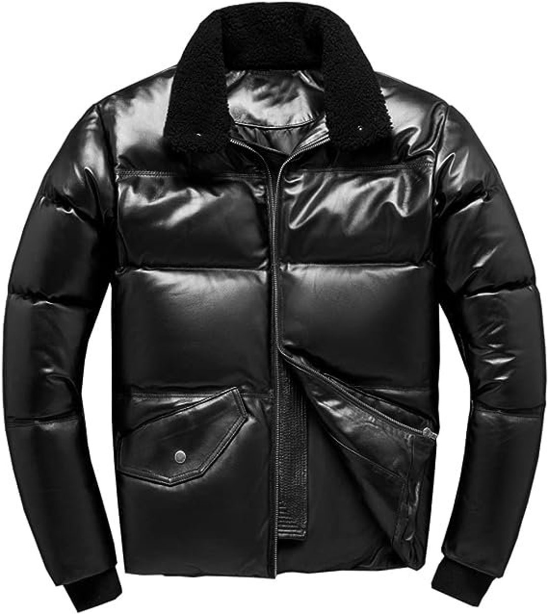 Men's Padded Leather Puffer Jacket in Black With Genuine - Etsy