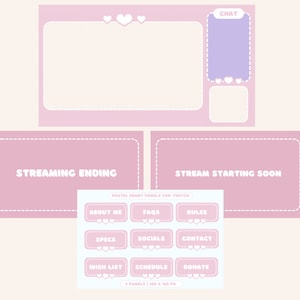 Puede incluir: Nueve paneles de transmisión de Twitch de color rosa pastel y blanco con corazones y texto que dice "PASTEL HEART PANELS FOR TWITCH", "ABOUT ME", "FAQS", "RULES", "SPECS", "SOCIALS", "CONTACT", "WISH LIST", "SCHEDULE", "DONATE", "STREAMING ENDING", "STREAM STARTING SOON" y "CHAT".