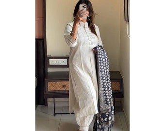 beautiful khadi cotton embroidered kurti with Afgani pant and printed silk dupatta for women and girls, Printed dupatta set, kurti pant set