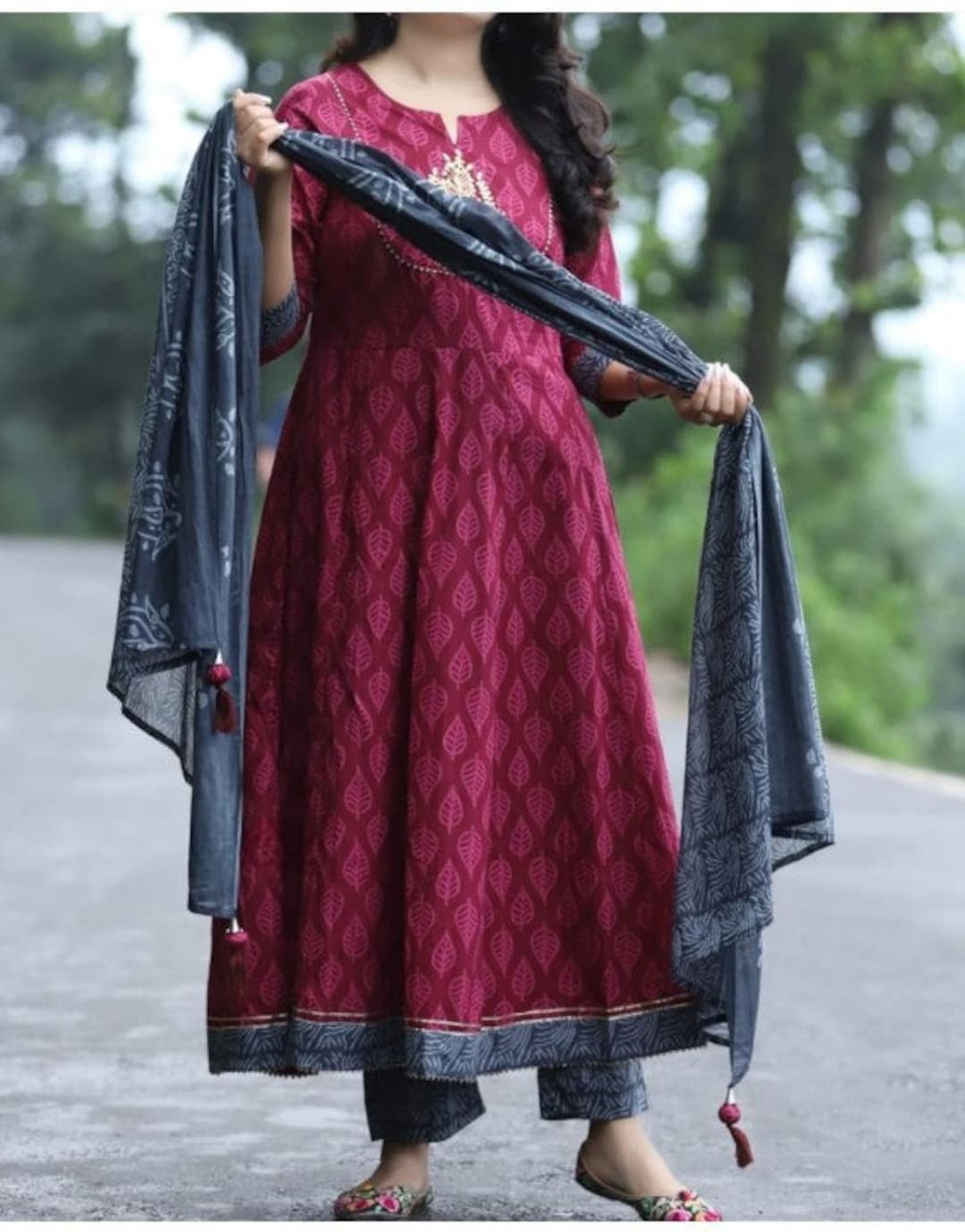 Heavy Rayon Block Printed Anarkali Kurti With Embroidery Work - Etsy