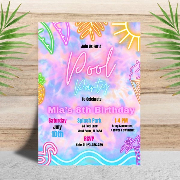 Editable Pool Party Birthday Invitation Glow Neon Tie Dye Summer Swimming Pool Birthday Party Instant Download Summer Party Invitation