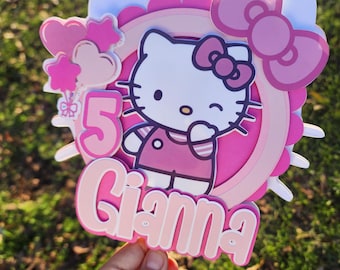 Kitty Cake Topper - 3D Party Decoration - Custom Name & Age - Cute Cat Birthday Theme- Personalized Party Decor - Hello