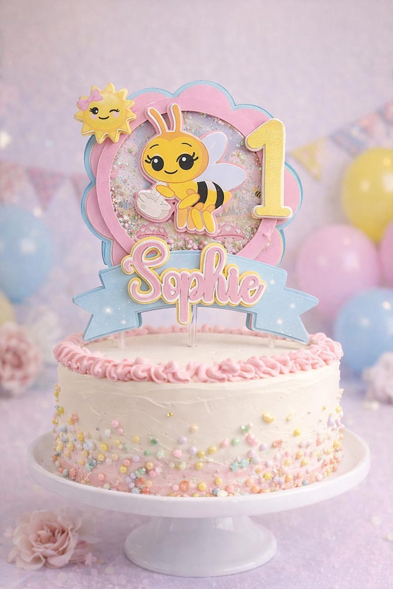 May include: A decorated cake with a bee-themed topper for a first birthday. The cake has pink frosting and colorful sprinkles. The topper features a bee, the number 1, and the name "Sophie".