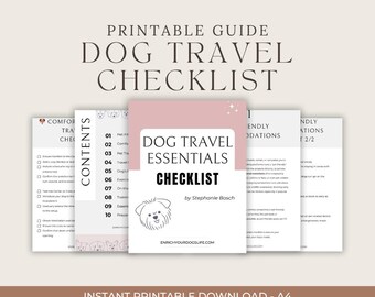 May include: A printable checklist for dog travel essentials. The checklist is divided into three sections: Comfort Travel Checklist, Dog Travel Essentials Checklist, and Dog-Friendly Accommodations. The checklist is pink with white text and includes a small illustration of a dog.