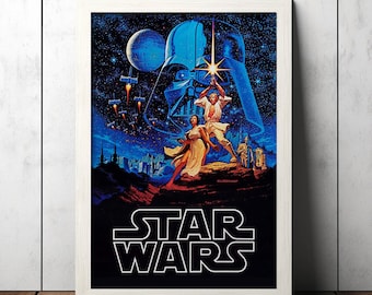 May include: A vintage Star Wars movie poster featuring Darth Vader, Luke Skywalker, and Princess Leia. The poster has a dark blue background with stars and a cityscape in the distance. The text "STAR WARS" is printed in white at the bottom of the poster.