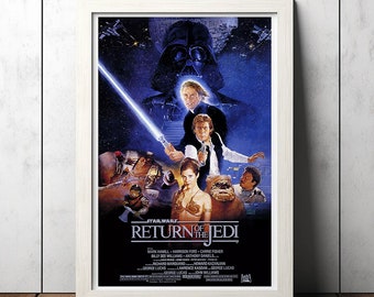 May include: A vintage movie poster for the film Star Wars: Return of the Jedi. The poster features a dark blue background with a large image of Darth Vader, Luke Skywalker, Han Solo, Princess Leia, and other characters from the film. The title of the film is written in white letters at the bottom of the poster.