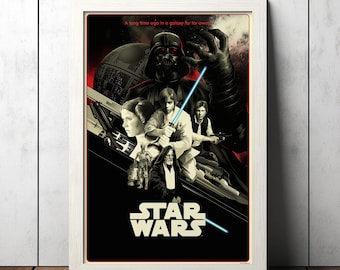 May include: A black and white poster with the text "Star Wars" in white letters. The poster features characters from the Star Wars franchise, including Darth Vader, Luke Skywalker, Princess Leia, Han Solo, and Chewbacca. The poster has a red and black background with a galaxy of stars.