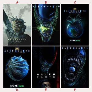 Puede incluir: Seis carteles promocionales de la serie FX "Alien Earth". Cada cartel presenta un fondo oscuro con una imagen central de una criatura alienígena o un tema relacionado. Los carteles incluyen el título del programa y el logotipo de FX.