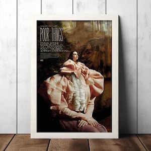May include: A movie poster for the film "Poor Things" featuring Emma Stone, Mark Ruffalo, Willem Dafoe, Ramy Youssef, and Jerrod Carmichael. The poster features a woman in a pink dress with a large, ornate hat.