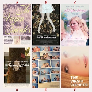 Può includere: Una collezione di manifesti del film "The Virgin Suicides". I manifesti presentano varie immagini, tra cui una donna con le braccia alzate, gambe su foglie e un primo piano del volto di una donna. I manifesti hanno un'estetica vintage.