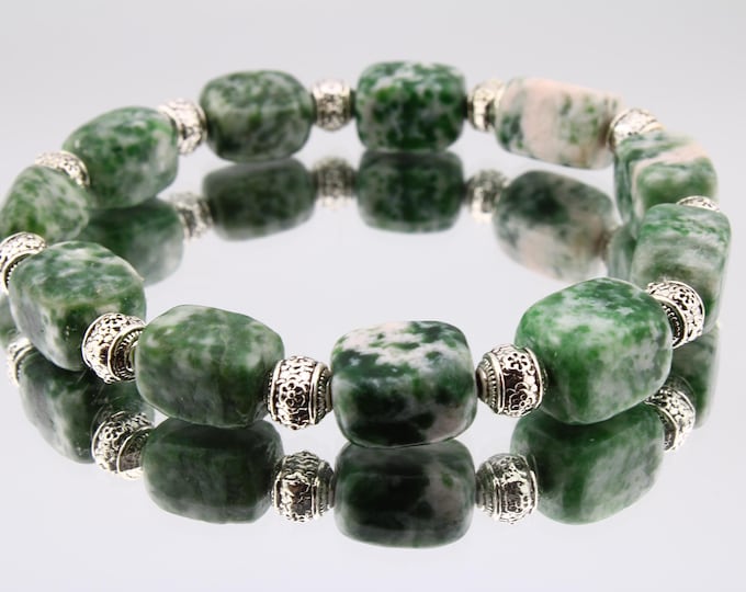 Featured listing image: Natural Green Jasper Bracelet – 11mm Beads for Grounding & Balance Hand made Stretchy