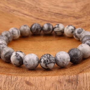 Pulseira de jaspe com mapa de pedra, 8 mm e 6 mm. Feita à mão. Elástica.