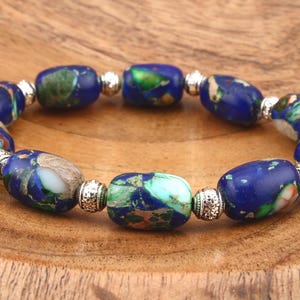 Dunkelblaue Fassperlen mit Goldfarbe Spacer, Lapislazuli blau, Karte grau, weisser Opal, handgemacht dehnbar