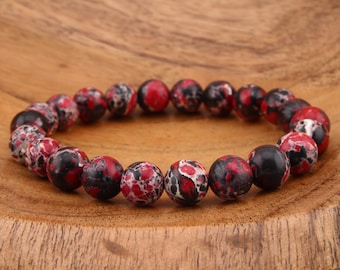 Red Black Sea Sediment Jasper Bracelet, 6mm 8mm Natural Gemstone Beads, Yoga Meditation Jewelry.