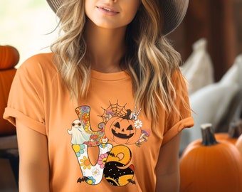 Halloween Love Shirt, Trick or Treat T-shirt, Gift for Her, Halloween Fun, Halloween costume, Pumpkin Tee, Fun Cute tshirt, Retro Peace tees