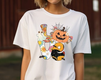 Halloween Love Shirt, Trick or Treat T-shirt, Gift for Her, Halloween Fun, Halloween costume, Pumpkin Tee, Fun Cute tshirt, Retro Peace tees