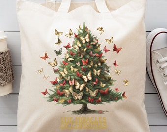 The Miracles of Christmas Tree Tote Bag with Butterflys, Christmas Grocery Bag, Reusable Shopping Bag, Festive Gift Bag, Christmas Gift