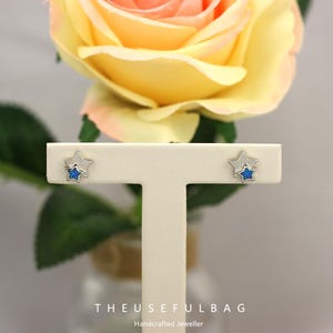 May include: Silver star-shaped stud earrings with a blue center, displayed on a white stand. The earrings have a layered design, with a larger star outline and a smaller blue star inside. The background features a yellow and orange rose.