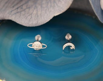 S925 Sterling Silver Asymmetric Moon & Planet Tiny Stud Earrings - Women's Chic Statement Earrings