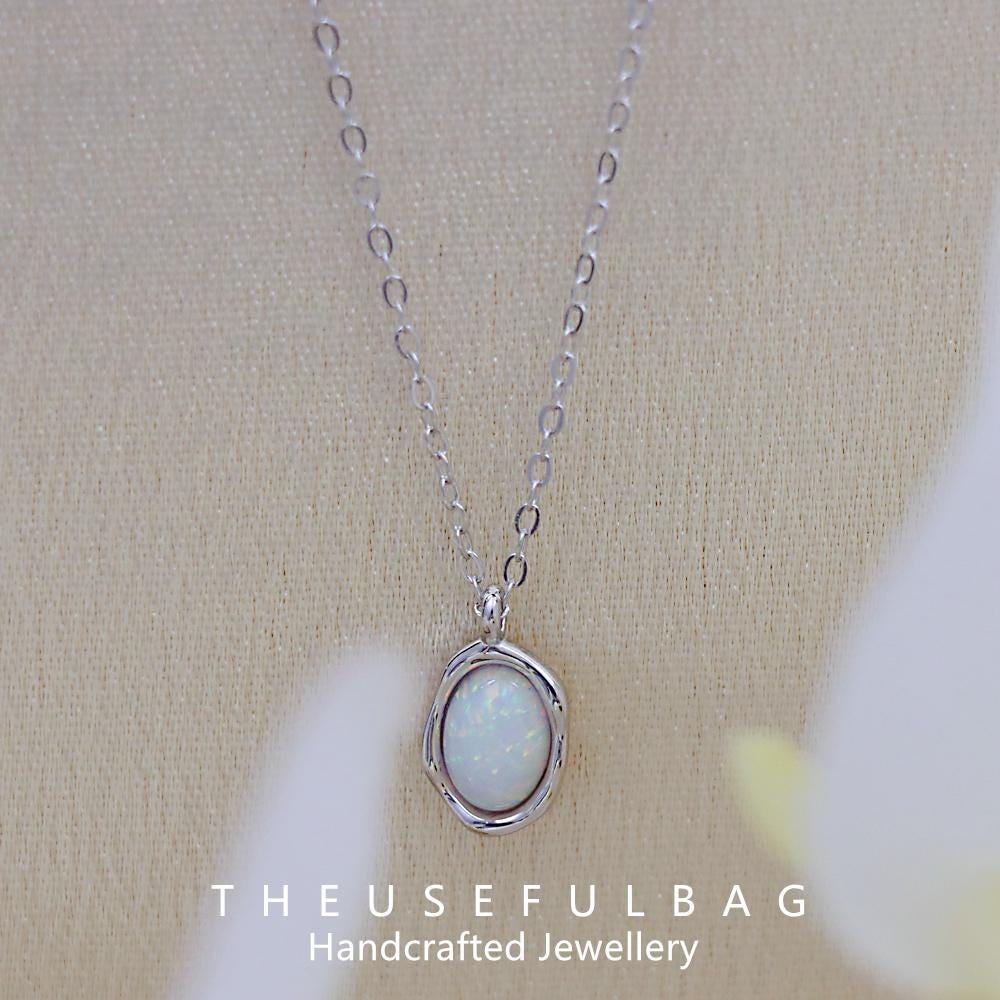 S925スターリングシルバー合成オパールシンプルネックレスカラー