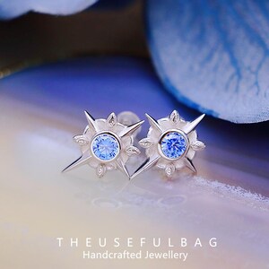 925 Sterling Silver Delicate Hexagonal Earrings Women Blue Zirconia Earrings Studs