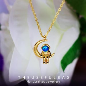 Space Blue Opal Deep Green Glow Astronaut Pendant Necklace, Adjustable Size, Unique Jewelry for Women