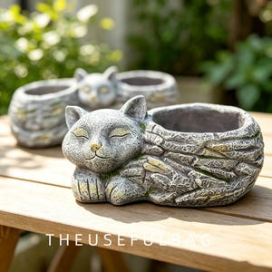 Vintage Stone Texture Sleeping Cat Resin Planter Cute Animal Succulent Flower Pot Outdoor Garden Balcony Landscape Decor Gift