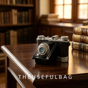 Vintage opvouwbare camera, harsmodel, retro camerafiguurtje, antieke cameradecoratie, cadeau voor fotografieliefhebbers.