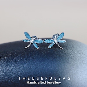 S925 Sterling Silver Blue Enamel Dragonfly Stud Earrings, Delicate and Elegant Jewelry
