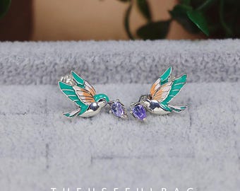 S925 Sterling Silver Kingfisher Earrings and Ring, Colorful Bird Jewelry Set