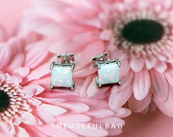 s925 silver four claw luxury square opal earrings simple earrings
