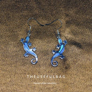 Ladies silver earrings, drop earrings, sterling silver gecko earrings, girls earrings, blue opal earrings