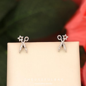 S925 Sterling Silver Star & Scissors Earrings - Edgy Dual Motif Studs, Fashion Statement Jewelry