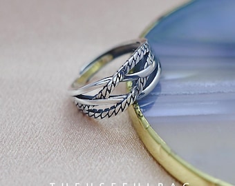 S925 Sterling Silver Vintage Geometric Twisted Braided Cross-Line Open Ring, Trendy Adjustable Design