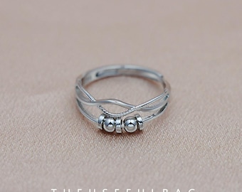 S925 sterlingzilveren fidgetspinnerring met kralen, verstelbare geluksring voor dames