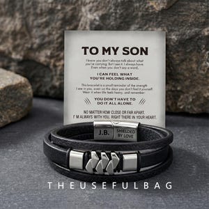 to my son geometric detail leather personalized engraved bracelet Christmas gift