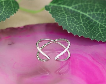 S925 Sterling Silver Geometric Open Adjustable Ring - Crossed Pointer Finger Band for Women - Minimalist Ring