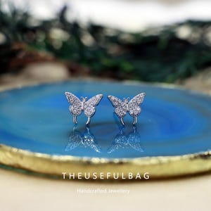 S925 Silver Butterfly Stud Earrings Women&#39;s Diamond-Inlaid Earrings