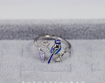 925 Sterling Silver Blue Bird Earrings and Ring, Cute and Colorful Jewelry Set