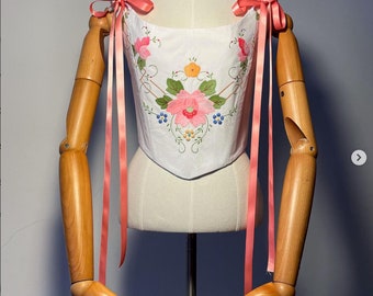 Vintage Embroidered Reworked Corset, Upcycled corset, Vintage corset, Pink Corset