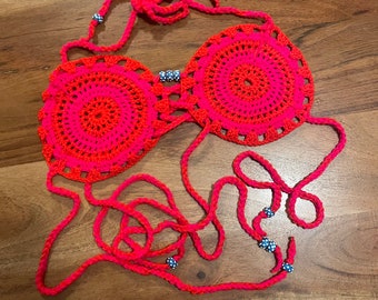 Knitted Crochet Handmade Bra Unique Summer Top Shells Orange Pink