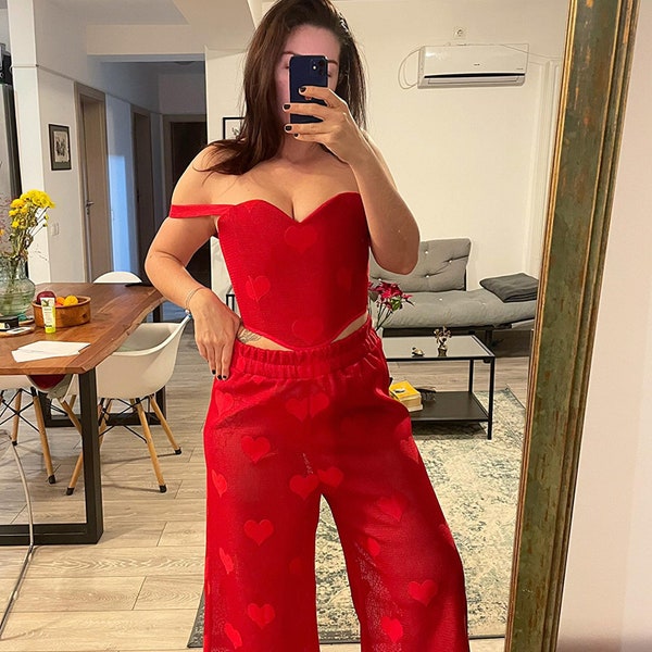 Co-ords Red Hearts Corset Palazzo Trousers Valentines Day