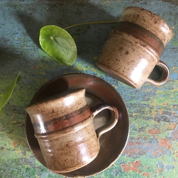 Studio Pottery Cups & Saucers, Set of 2, Small Coffee Mug, English Stoneware, House warming Gift, Hand Thrown Pottery