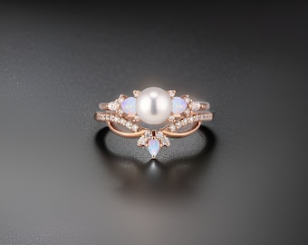 925 Sterling Silver Ring, Opal & Diamond Ring Set, Curved Diamond Stacking Band, 18k Solid Gold Pearl Engagement Ring Set, Opal Ring Set