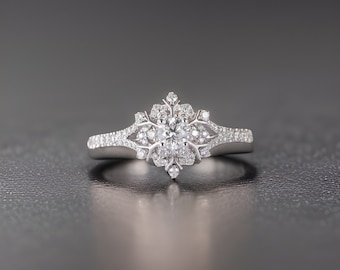 925 Sterling Silver Ring, Statement Snowflake Diamond Ring, 18k White Gold Snowflake Engagement Ring, Elegant Anniversary Gift, Gift For Her