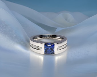 Men&#39;s Blue Sapphire and Diamond Wedding Band, Elegant Men&#39;s Ring, Sapphire Men&#39;s Wedding Band, Diamond Accented Men&#39;s Band