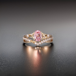 925 Sterling Silver Ring, Pink Sapphire Engagement Ring Set, Oval Cut Pink Sapphire Ring, Wedding Ring Set, Curved Diamond Stacking Band