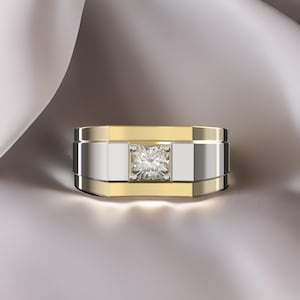 Two-Tone Asscher Cut Men&#39;s Diamond Ring, Elegant Diamond Ring for Men, Gents Ring, Men&#39;s Jewelry