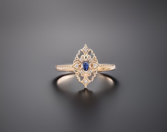 vintage blue sapphire & diamond ring, black friday, thanks giving, cyber Monday, 925 sterling silver ring, handmade ring, anniversary gift